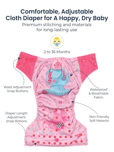 Image of POLKA TOTS Reusable Cloth Diapers for Babies | Adjustable Leak-Proof Cotton Nappies | High Absorbent & Washable Diaper with Leak-Proof Cover & 5-Layer Bamboo Charcoal Insert for Newborns (0-24 Months)