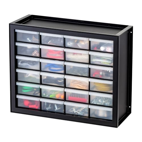 IRIS USA 24-Drawer Plastic Storage Organizer Made in USA Teacher Toolbox Multi Drawer Cabinet For Garage Tools Beads Balloons Building Bricks Crafts Stickers Small Business Scrapbook Art Black