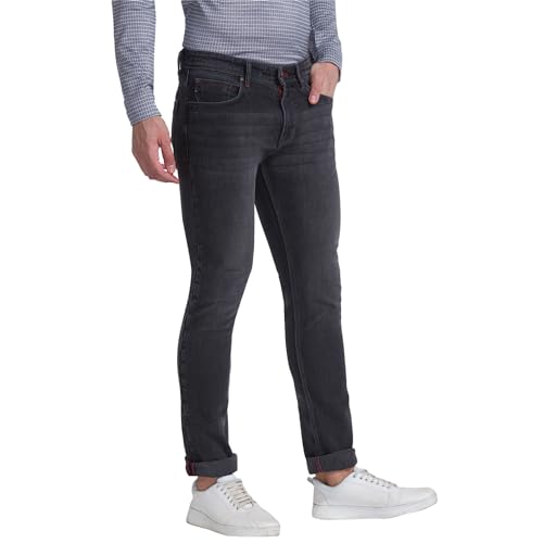 Image of Raymond Men's Cotton Blend Solid Pattern Slim Fit Flat Front Jeans