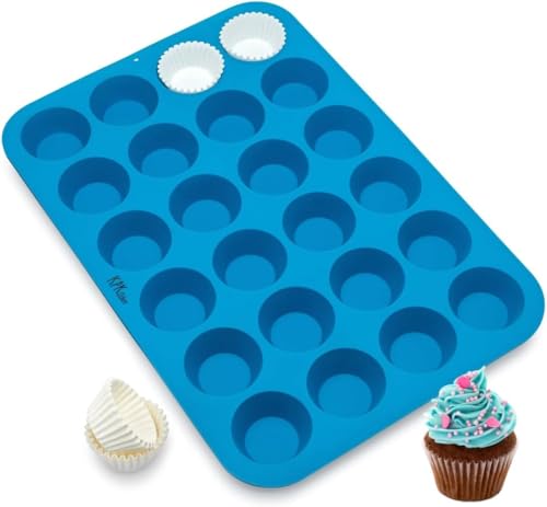 KPKitchen Silicone Mini Muffin Pan - Mini Cupcake Pan 24 Cup - Free Mini Muffin Paper Cups - Mini Muffin Pans Nonstick 24-100% Silicon Mini Muffin Tin - Baking Rubber Tray & Fat Bomb Molds Silicone