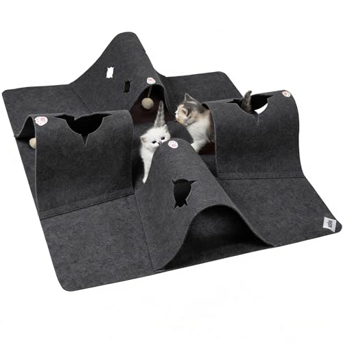 Cat Tunnel Play Mat for Indoor Cats Felt Interactive Pet Toy with Hidden Ball Enrichment Activity Rug Collapsible Cave for Kittens & Small Pets (Dark Gray)