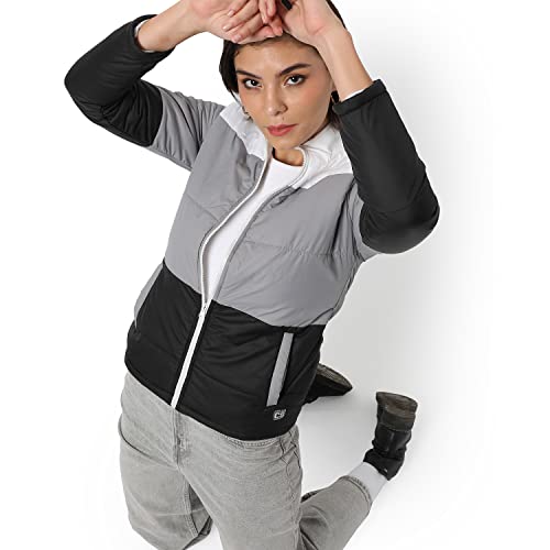 Image of Campus Sutra Women Grey Colour-Blocked Puffer Regular Fit Bomber Jacket For Winter Wear | Standing Collar | Full Sleeve | Zipper | Casual Jacket For Woman & Girl | Western Stylish Jacket For Women