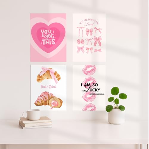 Yellow Town India Pink Coquette Art Prints – Set of 4 A4 Girly Unframed Posters | 300 GSM Glossy Wall Art for Room Decor, Cute Aesthetic Prints for Bedroom, Kitchen, Cafe, Hostel, Dorm & Home Decor