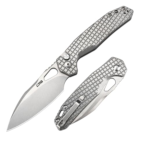 Image of CJRB Frack Pocket Knife, 3.9 inch AR-RPM9 Steel Blade PVD Coating Frag Pattern Steel Handle EDC Knife, Button Lock Knife for Outdoor Camping Gift, Stonewash (J1931)