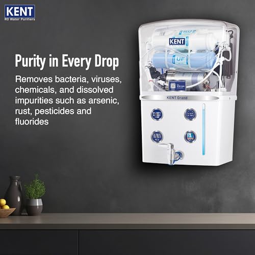 Image of KENT Grand RO Water Purifier | Advanced RO Tech for Sabse Shudh Paani | RO+UF+TDS Control + UV LED Tank | 8L | 20LPH Flow | Ideal for Borewell /Tanker /Municipal Water | Largest Service Network