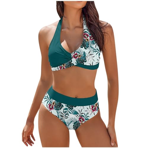 2025 Maillot De Bain Femme 2 Pieces Gainant Ventre Plat Ensemble De Bikini Taille Haute Maillots Deux PièCes Push Up Rembourré Maillot de Bain de Plage à Imprimé Hawaïen, Vert foncé, L