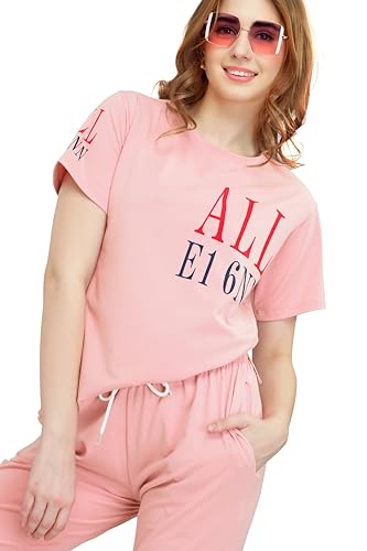 Image of ZEYO Women's Cotton Typography Wide Bottom Night Suit Set of Top & Pajama Set