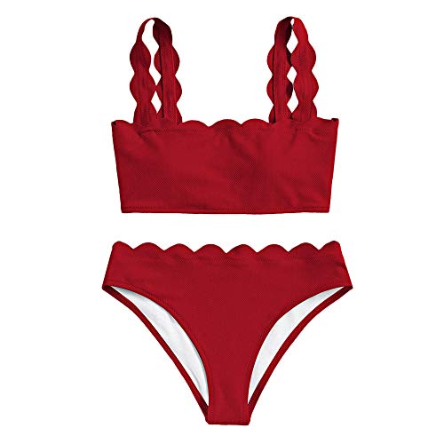 ZAFUL Women's High Waisted Wide Strap Adjustable Back Lace-up Bikini Set Swimsuit(Light Red Wine M)