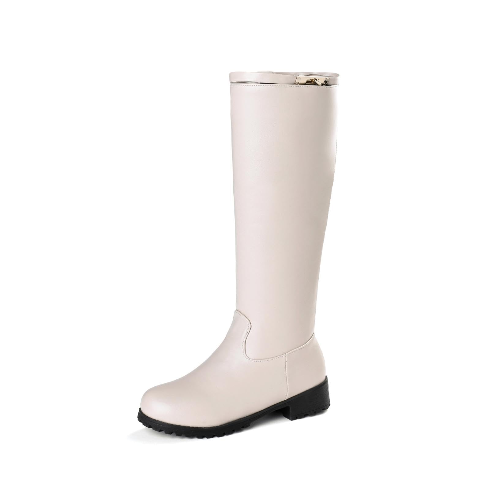 Womens Knee High PU Leather Look Riding Boots Round Toe Block Heels Buckle Detail Comfortable Durable Slip Resistant