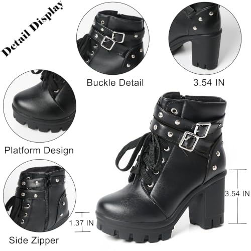 Image of MEOTINA Women Goth Boots Platform Chunky Heel Buckle Combat Ankle Booties | Edgy alt goth punk rave aesthetic for dress styling, rivets, lace up ,zip and lug sole design, black and white colors