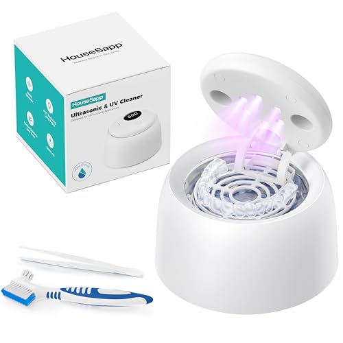 HouseSapp Ultrasonic Retainer Cleaner Machine - 45kHz Dental Clean Pod with 6 Cleaning Lights for Denture, Toothbrush Head, Aligner, Night/Mouth Guard, Jewelry, Ultra Sonic Cleaner with Lifting Tray