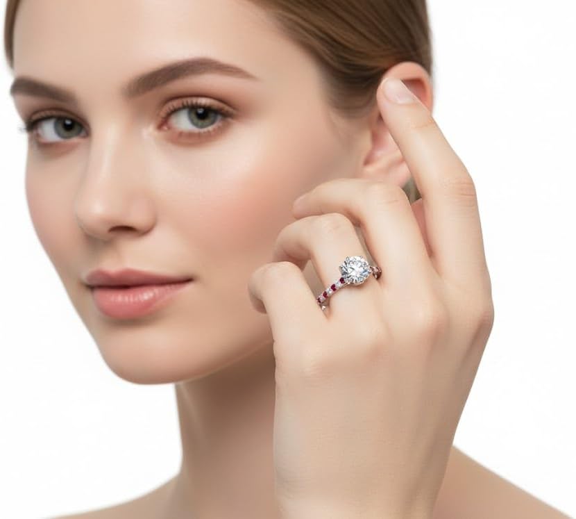 Choose Your Gemstone 6 Claw Prong Flower Basket Diamond CZ Ring Sterling Silver Round Shape Side Stone Engagement Rings Lightweight Office Wear Everyday Gift Jewelry US Size 4 to 12