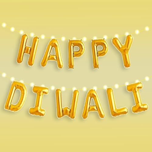 Image of AMFIN (Pack of 3) Happy Diwali Foil Balloon with LED Light - Gold