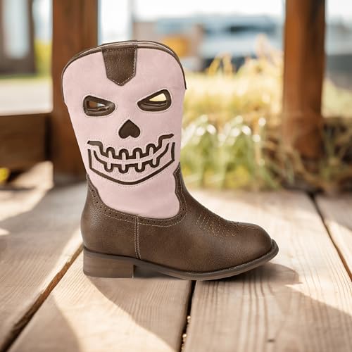 PANDANINJIA Girls Cowboy Boots For Boys Kids Toddler Western Mid Calf Cowgirl Boots Riding Shoes With Halloween Skull Element Booties4