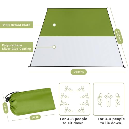Brovamo Stranddecke Sandfrei, Outdoor Decke Ultraleicht Picknickdecke Wasserdicht 210 × 200cm Sand Campingdecke Wasserdicht Sandabweisend Zeltunterlage für den Wandern Campen - Grasgrün