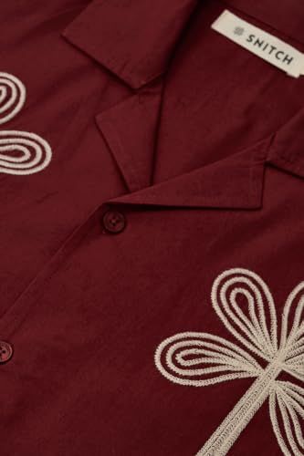 Image of SNITCH Men Casual Shirt | Box Fit Cuban Collar Short Sleeve Floral Embroidered Design | 100% Cotton Breathable Fabric for Summer & Vacation Outings | Burgundy