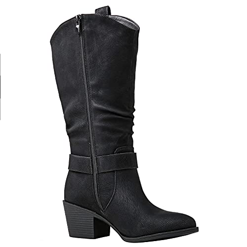 Image of GLOBALWIN Women's Knee High Cowboy Boots - Minimalist Western Round Toe Cowgirl Boots with Comfortable Block Heel, Plain Sleek Design, Tall Dress Boots for Women