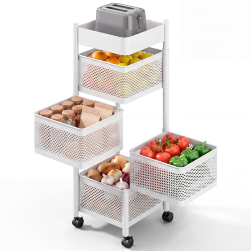 JUPPLIES Carrito Auxiliar con Ruedas - Cesta de Almacenamiento Ahorra Espacio 4 Niveles - Carrito Cocina Giratorio - Estante Cocina, Baño, Estante para Frutas, Verduras, Utensilios - Metalico (Blanco)