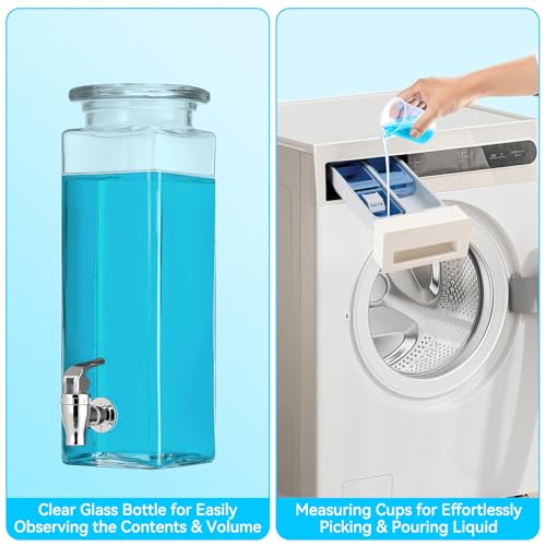 2 Pack Glass Laundry Detergent Dispenser with Stand, Laundry Soap & Fabric Softener Dispenser for Laundry Room Organization and Storage, 76oz Laundry Liquid Containers with Labels, Measuring Cups by SACIOVEE - Image 3