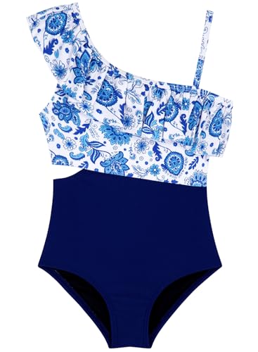Image of Alakuoti Girls One Piece Swimsuits Cutout Ruffle Bathing Suit Quick Dry Beach Swimwear with Adjustable Strap 5-14 Years