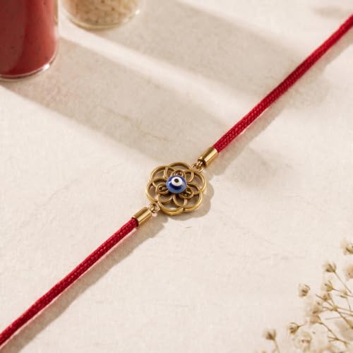 Image of PALMONAS Demifine 18K Gold Plated Evil Eye Rakhi for Brother - Waterproof & Anti-Tarnish Designer Rakhi for Men | Premium Raksha Bandhan Rakhee with Roli Chawal
