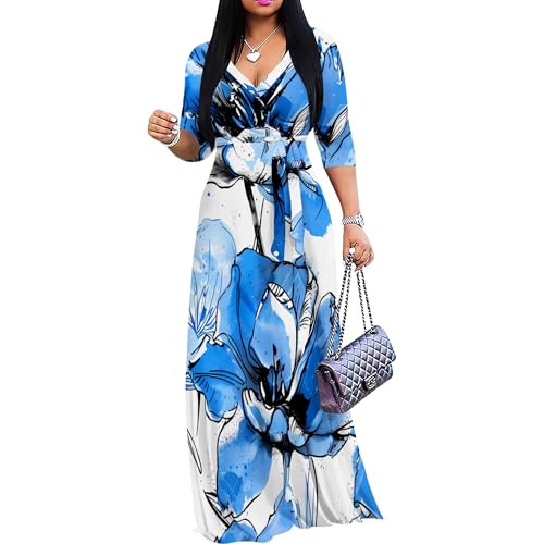 Plus Size Summer Dresses for Curvy Women Deep V-Neck Flowy Floor Length Maxi  Dress 3/4 Sleeves with Belt Shade of Blue at Amazon Women's Clothing store