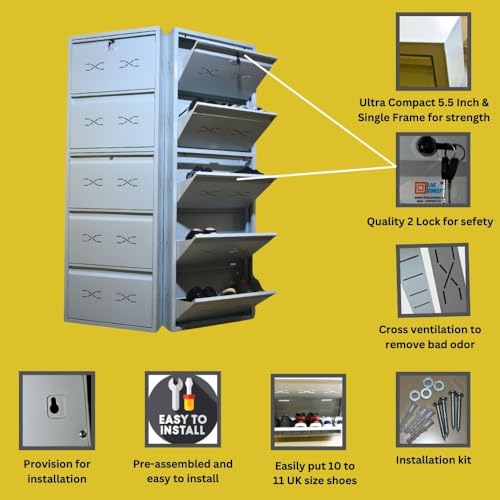 Image of I Metal Shoe Rack I Double Lock I Slim and Wall Mounted I 5 Shelves (Ivory Colour) I Coad LC 2M-05 IV I Height 71.5 Inches, Width 24 Inches, Depth 5.5 InchesI 3 Years Warranty.