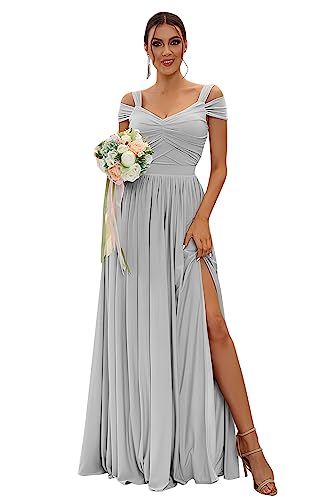 Image of SOLODISH Off The Shoulder Bridesmaid Dresses Long Chiffon Formal Evening Dresses for Women