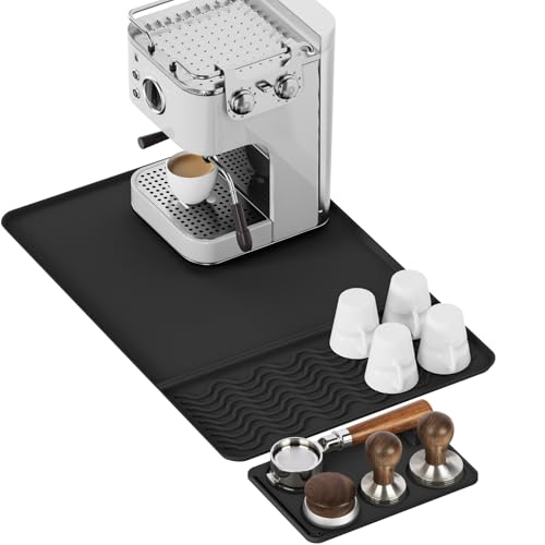 HONZUEN Silikon Unterlage Kaffeemaschine 60×40 cm mit Abnehmbarem Tamping Pad, Kaffeematte Set 2 in 1, Schützt vor Kratzern und Verschmutzungen, Schwarz