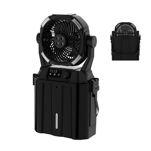 Wilody Portable Misting Fan 20000mAh Rechargeable Battery, 6L Bucket Outdoor Mist Fans Patios Cooling, Camping Fan with LED Light Modes & Stepless Speed Control, 4 Spray Mister, Timer Function(Black)