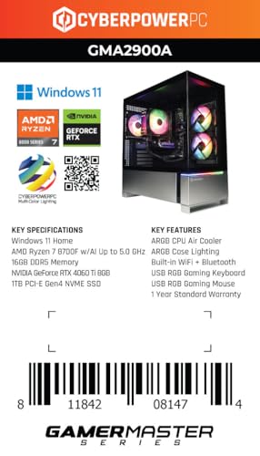 Image of CYBERPOWERPC Gamer Master Gaming PC, AMD Ryzen 7 8700F 4.1GHz, GeForce RTX 4060 Ti 8GB, 16GB DDR5, 1TB PCIe Gen4 SSD, WiFi Ready & Windows 11 Home (GMA2900A)
