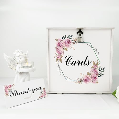FCDECOR White Wedding Card Box with Lock, Gift Wedding Card Boxes for Reception Money Holder with Rose Sign for Wedding Decorations, Baby Showers, Birthdays, Bridal or Graduation Party Supplies