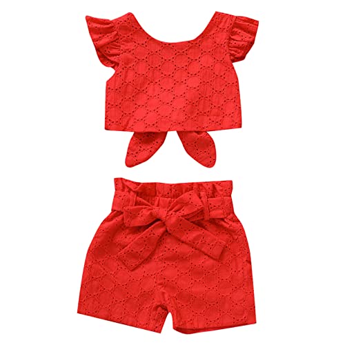 Elephant Baby Snowsuit Summer Toddler Girls Fly Sleeve Solid Color Lace Tops Bowknot Skirt Two Outfits (Red, 2-3 Years)