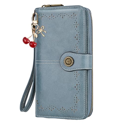 SIDESUGAR Blue Wristlet Wallets for Women with Cherry Purse Charm Bifold PU Leather Womens Wallet Large Capacity Credit Card Holder Ladies Clutch with Zipper Pocket