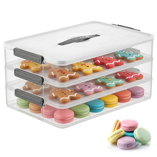 BOUTICOL 3-Layer Stackable Cookie Container with Lids, Portable Plastic Airtight Cookie Storage Case Snack Containers for Desserts, Cupcakes, Snacks, Dumplings, Fruit