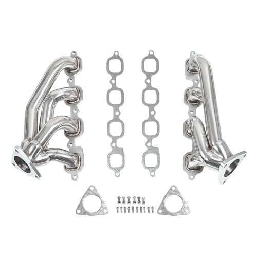Polished Stainless Exhaust Manifold Replacement Shorty Headers Silverado Sierra Tahoe Suburban Yukon XL Escalade 2014 2015 2016 2017 2018 2019 2020 5.3L 6.2L LT Style V8 Direct Bolt On OE Location