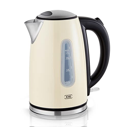 KHG Wasserkocher WK-1707 CE Edelstahl creme 1,7 Liter, auswaschbarer Kalkfilter, Wasserstandsanzeige, Trockengehschutz & Abschaltautomatik, verdecktes Heizelement, BPA-frei, 2200 Watt