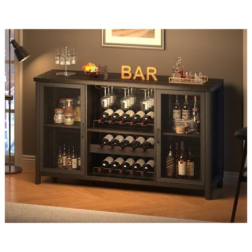 IBF Industrial Wine Bar Cabinet, Rustic Coffee Bar Cabinet for Liquor and Glasses, Farmhouse Liquor Cabinet for Home Dining, Kitchen Sideboard Buffet Cabinet with Wine Rack Storage, Dark Oak, 55 Inch