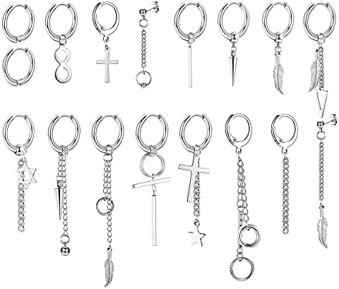 JeweBella 17 Pieces Hoop Dangle Earrings for Men Women Stainless Steel Cross Earrings Set Silver Chain Feather Star Hoop Earrings Punk Kpop Earrings