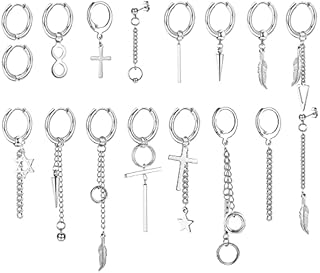 JeweBella 17 Pieces Hoop Dangle Earrings for Men Women Stainless Steel Cross Earrings Set Silver Chain Feather Star Hoop Earrings Punk Kpop Earrings