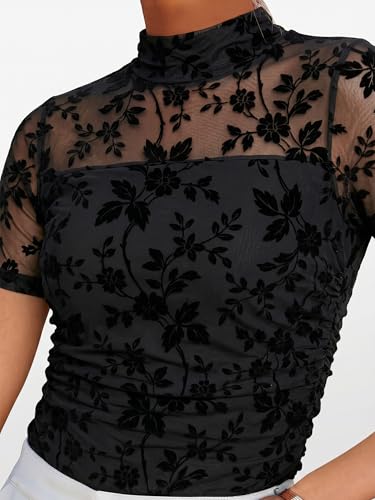 ANRABESS Womens Summer Sexy Mock Turtle Neck Short Sleeve Tops Sheer Mesh Shirts Slim Blouse Trendy Ruched Going Out Outfits Black Floral-L — view 6