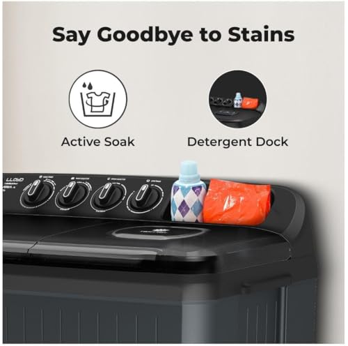 Image of Lloyd Aria 9 kg 5 Star Semi Automatic Top Load Washing Machine |1400 RPM | Detergent Storage Zone | 5 Wash Programs | Swift Dry | Magic Filter, GLWS905ARHVG, Dark Grey with Smoke Grey Lids)