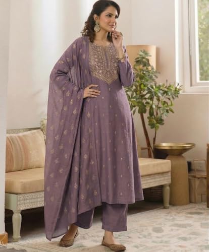 Image of ANNI Designer Women's Viscose Straight Printed Embroidery Kurta with Pant & Dupatta | Long Sleeve Ethnic Kurta Set for Women | Casual Office, Daily, Party Outfits
