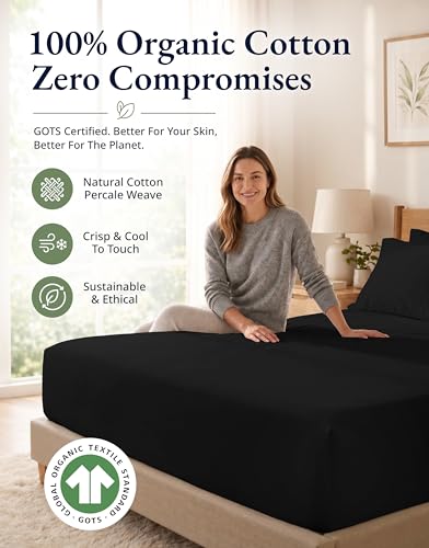Image of LANE LINEN 100% Organic Cotton Fitted Sheet Queen (+Pillowcases) 3-Piece Set Soft & Comfy Hotel Style Percale Weave Sustainably Produced Queen Size Fitted Sheet only 15 inch Deep - Black Sheet