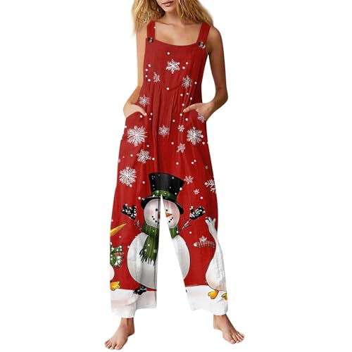 ADHOWBEW Christmas Jumpsuit for Women Loose Fit Funny Button Strap Cute Sleeveless Snowflake Printed Holiday Overalls for Women 2024 Womens Jumpsuits Dressy(A Deep Red,XX-Large)
