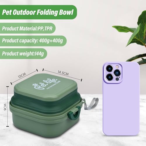 KINGOZOYI Tragbarer Faltbare Hundenapf, Hundenäpfe 400+400ml, 2 in 1 Futternapf Reisenapf Hunde mit Deckel und Karabiner für Hund und Katze, auf Reisen Oder zu Hause - Grün