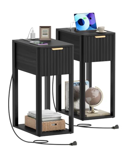 Image of Akxomel Narrow Nightstand Set 2 with Charging Station Fluted Table Black