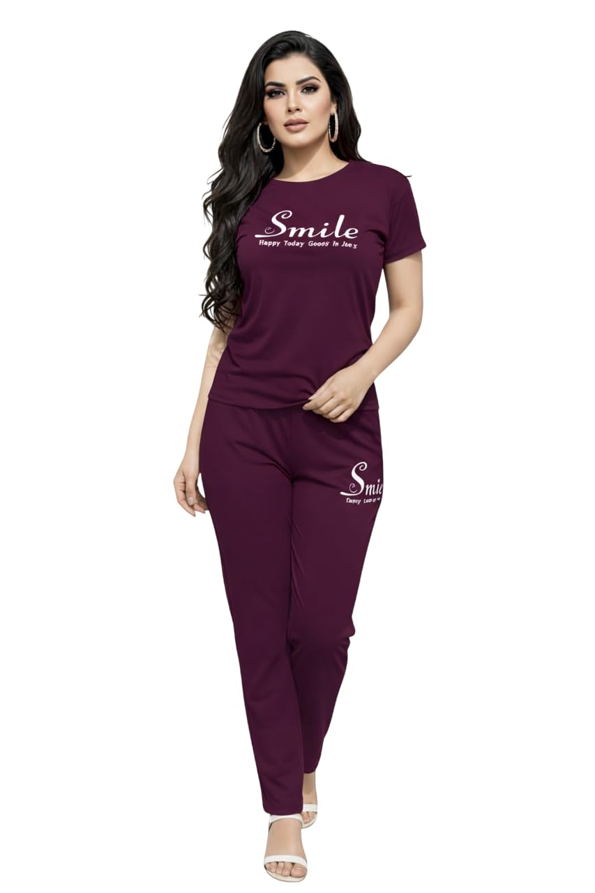 Taksh Women's Co-Ord Set | Nightsuit Set, T-Shirt and Pyjama Sleepwear, Comfortable Fit Night Dress with Smile Print Women Pajama Set