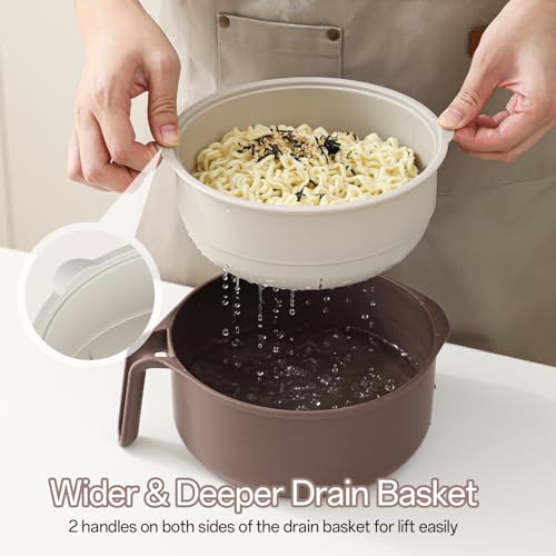 Image of MEACOLIA 50 oz Large Ramen Bowl, Microwave Ramen Cooker, Noodle Pasta Cooker with Lid and Strainer, Steamer for Vegetables, College Dorm Essentials for Girls Guys (Beige)