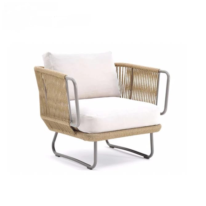 Image of Single Seater Sofa Antique Design Rope Furniture Set with Cushions for Living Room Outdoor Indoor Roof top Garden (Beige and White)
